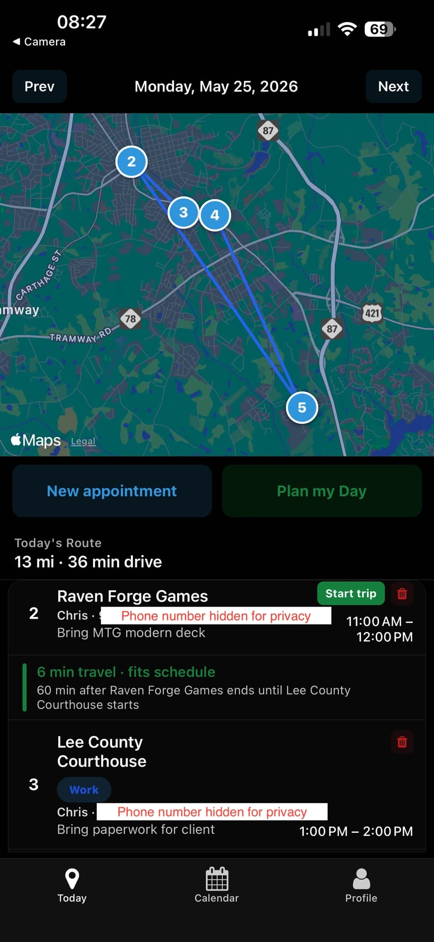 OmegaRoute day viewer screen