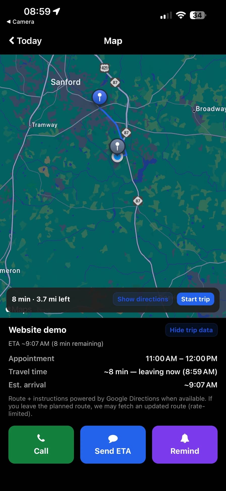 OmegaRoute trip map screen